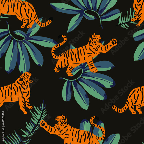 Vector seamless pattern with tigers and tropical leaves on black background