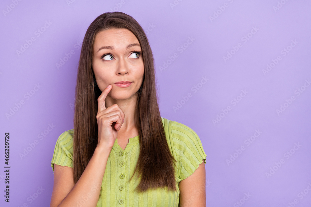Portrait of attractive bewildered girl making decision copy space isolated over purple violet color background Portrait of attractive bewildered girl making decision copy space isolated over purple violet color background