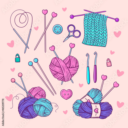 Hand made. Set of elements for sewing, knitting and hand craft in doodle style