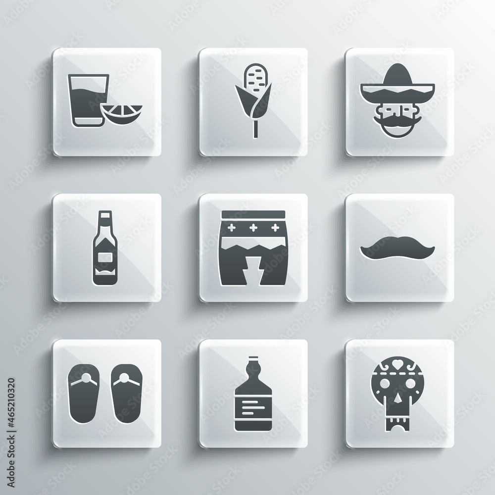 Set Tequila bottle, Mexican skull, Mustache, Huehuetl, Flip flops, Tabasco sauce, glass with lemon and man sombrero icon. Vector Set Tequila bottle, Mexican skull, Mustache, Huehuetl, Flip flops, Tabasco sauce, glass with lemon and man sombrero icon. Vector
