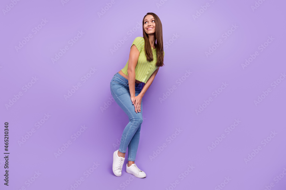 Full length body size view of attractive cheerful minded girl posing guessing isolated over purple violet color background