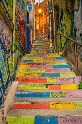 Colorful steps in the UNESCO World Heritage city of Valparaiso in Chile
