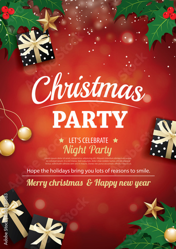 Merry christmas party and gift box on wooden background invitation theme concept. Happy holiday greeting banner and card design template.