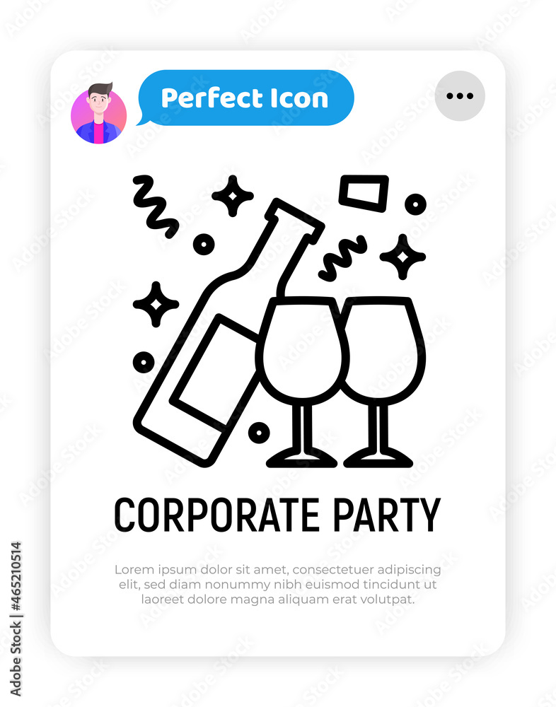 Naklejka premium Open bottle of champagne and two glasses thin line icon. Alcohol. Vector illustration.