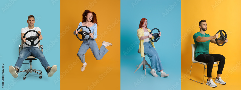 © New Africa - Emotional people with steering wheels on different color backgrounds, collage. Banner design © New Africa - Emotional people with steering wheels on different color backgrounds, collage. Banner design