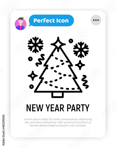 Event service, New Year party. Christmas tree with snowflakes thin line icon. Modern vector illustration.