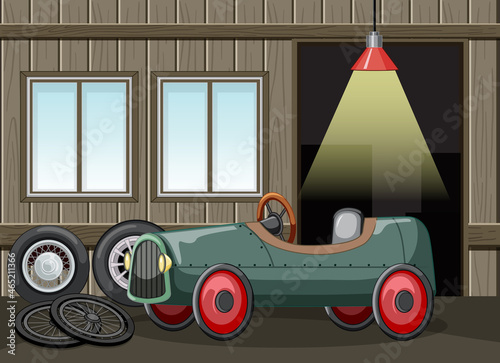 Garage interior with vintage car toy