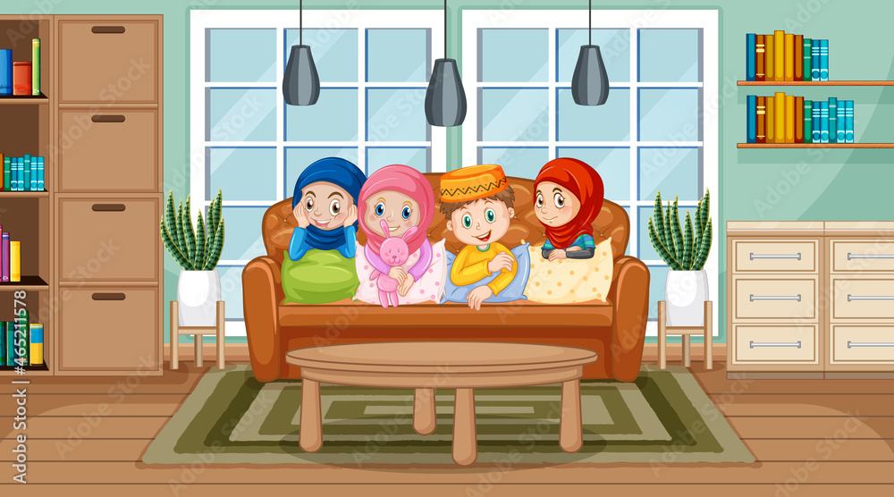 Living room scene with muslim children cartoon character Living room scene with muslim children cartoon character