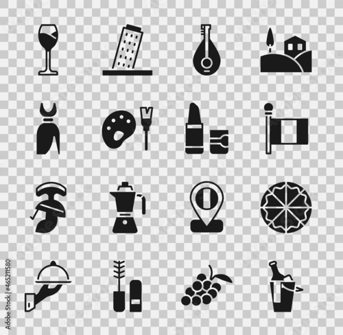 Set Bottle of wine in bucket, Pizza, Flag Italy, Mandolin, Paint brush with palette, Woman dress, Wine glass and Lipstick icon. Vector