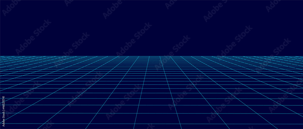 Wireframe landscape. Vector perspective grid. Digital space. Blue mesh on a black background. Wireframe landscape. Vector perspective grid. Digital space. Blue mesh on a black background.