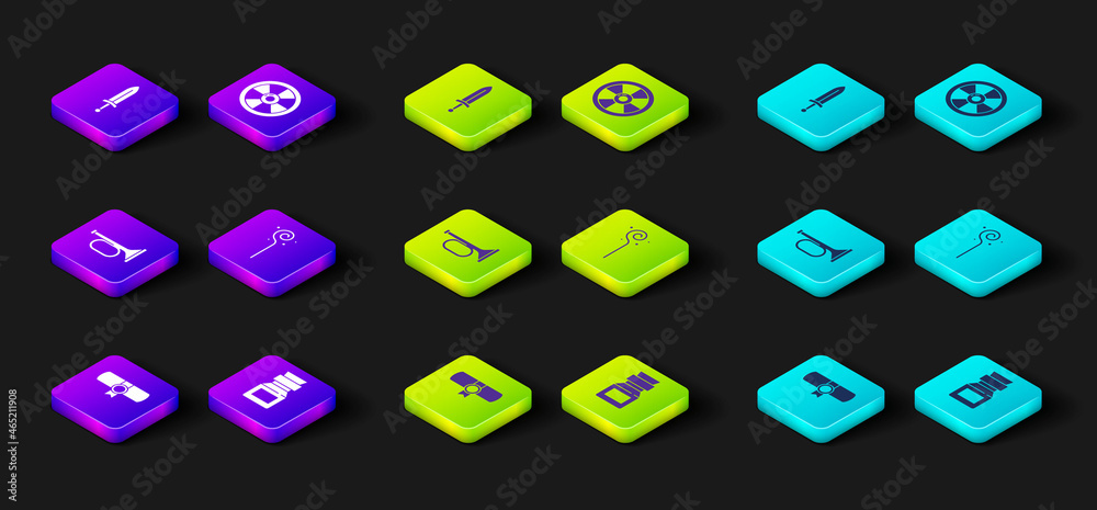 Set Decree, parchment, scroll, Poison in bottle, Trumpet, Magic staff, Round wooden shield and Medieval sword icon. Vector Set Decree, parchment, scroll, Poison in bottle, Trumpet, Magic staff, Round wooden shield and Medieval sword icon. Vector