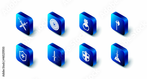 Set Round wooden shield, Poison in bottle, Medieval axe, Sword the stone, Shield, Dagger, and Crossed medieval sword icon. Vector