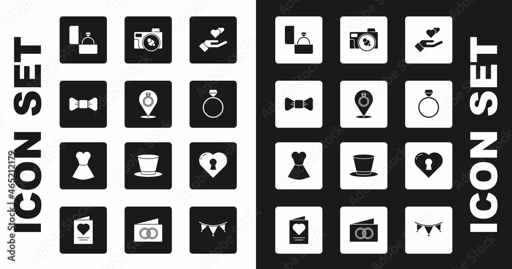 Set Heart in hand, Wedding rings, Bow tie, Diamond engagement, Photo camera, with keyhole and Woman dress icon. Vector Set Heart in hand, Wedding rings, Bow tie, Diamond engagement, Photo camera, with keyhole and Woman dress icon. Vector