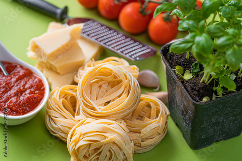 raw bolognese pasta with ingredients traditional italian recipe