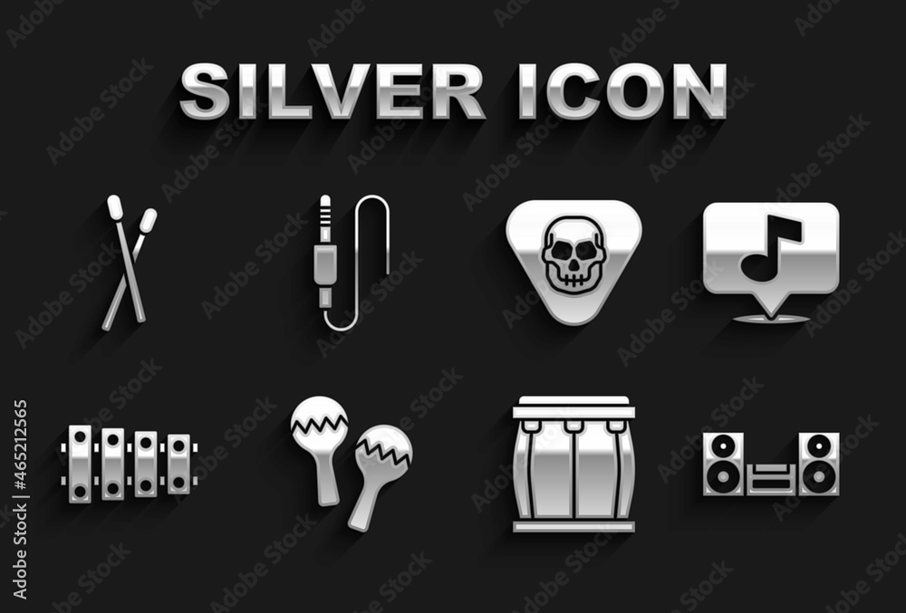 Set Maracas, Musical note, Home stereo, Drum, Xylophone, Guitar pick, sticks and Audio jack icon. Vector Set Maracas, Musical note, Home stereo, Drum, Xylophone, Guitar pick, sticks and Audio jack icon. Vector