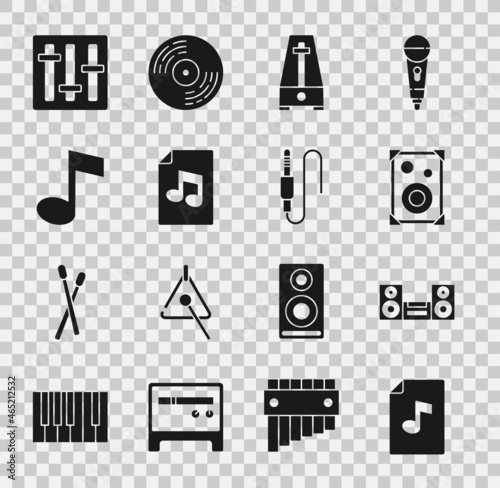 Set Music book with note, Home stereo, Stereo speaker, Metronome pendulum, tone, Sound mixer controller and Audio jack icon. Vector