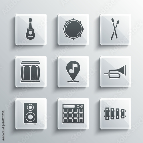 Set Drum machine, Xylophone, Trumpet, Location musical note, Stereo speaker, Guitar and sticks icon. Vector