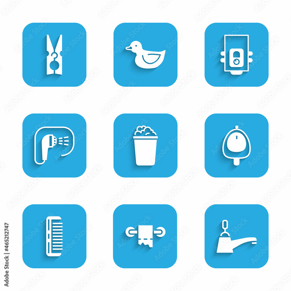 Set Bucket with soap suds, Toilet paper roll, Water tap, urinal or pissoir, Hairbrush, Shower, Gas boiler and Clothes pin icon. Vector Set Bucket with soap suds, Toilet paper roll, Water tap, urinal or pissoir, Hairbrush, Shower, Gas boiler and Clothes pin icon. Vector