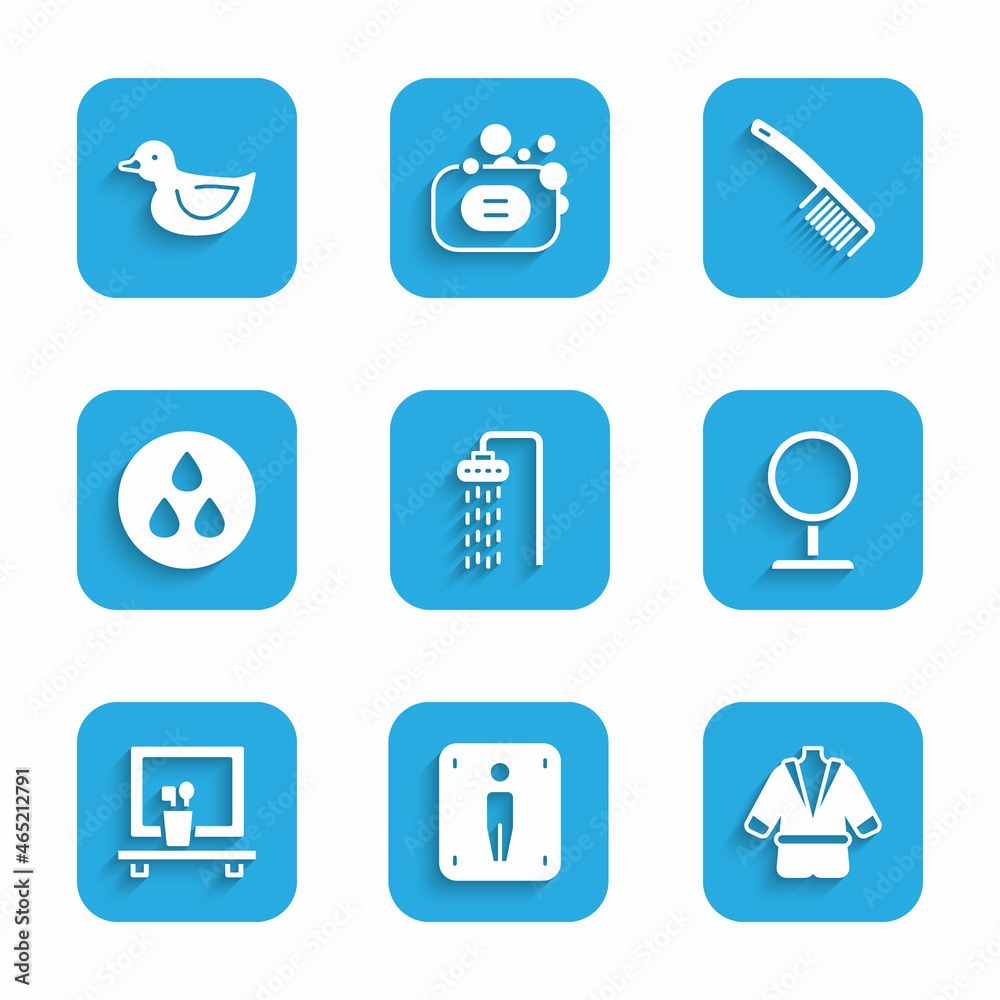 Set Shower, Male toilet, Bathrobe, Round makeup mirror, Washbasin, Water drop, Hairbrush and Rubber duck icon. Vector Set Shower, Male toilet, Bathrobe, Round makeup mirror, Washbasin, Water drop, Hairbrush and Rubber duck icon. Vector