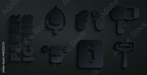 Set Female toilet, Hair dryer, Towel on hanger, Shaving razor, Flip flops and Toilet urinal pissoir icon. Vector
