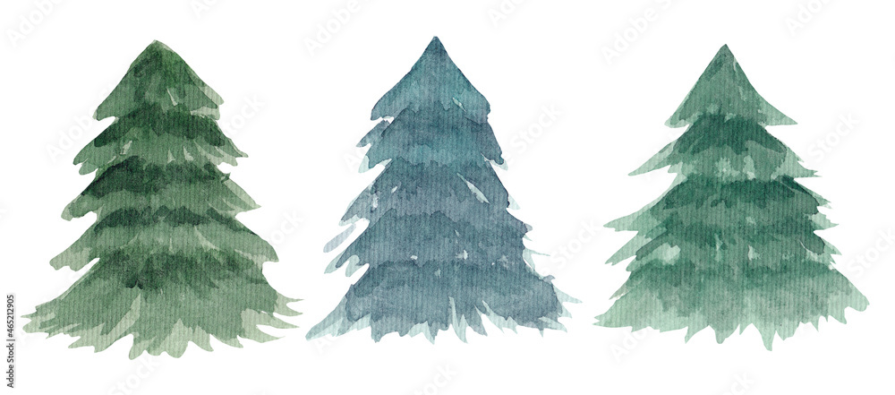 Watercolor collection of Christmas trees without decorations. Elements are isolated on a white background.