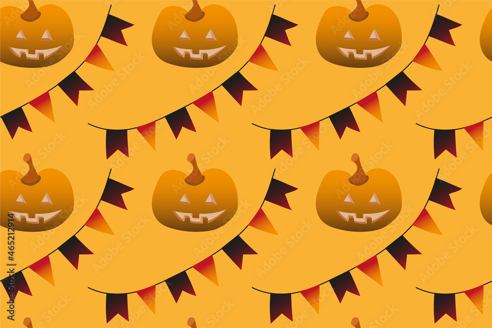 Fototapeta premium Seamless pattern happy halloween party. Endless orange background with garland of flags and pumpkin. Hand drawing vector clip art graphic elements for creative design, printable textile and decor.