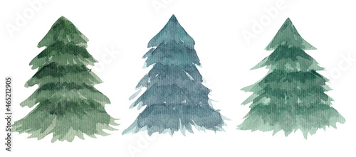 Watercolor collection of Christmas trees without decorations. Elements are isolated on a white background.