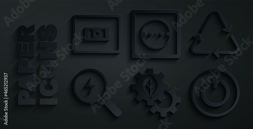 Set Leaf plant in gear machine, Recycle symbol, Lightning bolt, Power button, Electrical outlet and icon. Vector