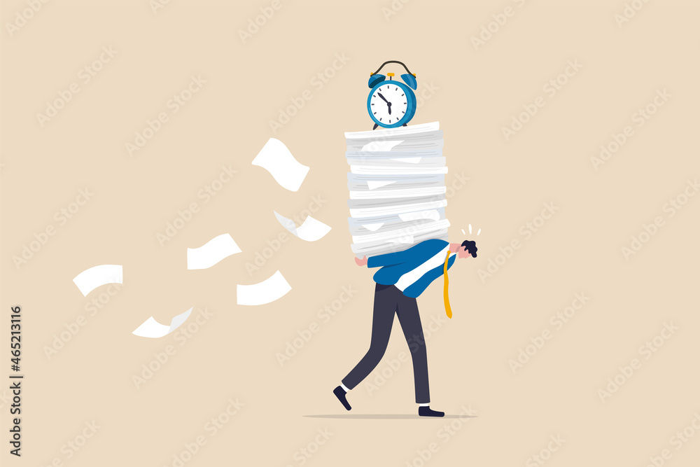 Workload and aggressive deadline causing exhaustion and burnout, overload or overworked office routine concept, tired businessman carrying heavy documents paperwork with alarm clock deadline on top. - obrazy, fototapety, plakaty 