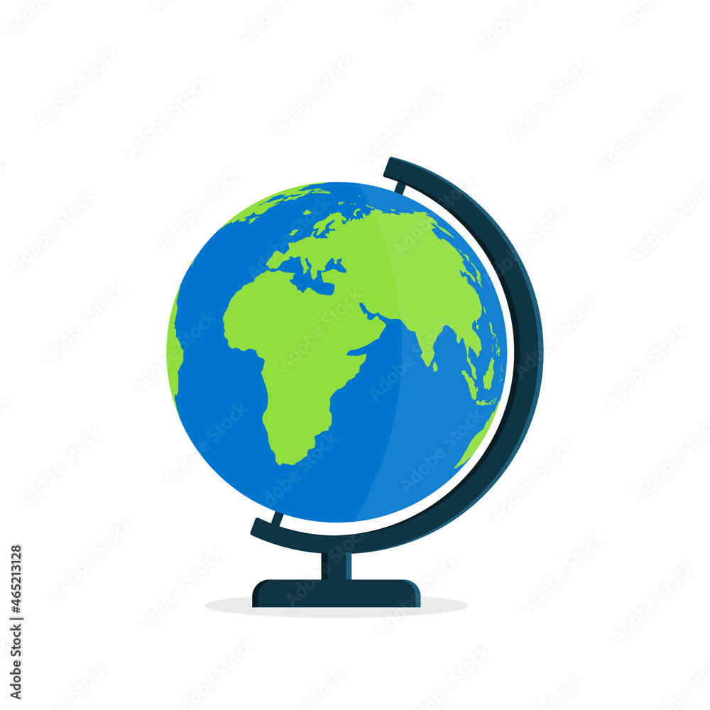 Globe with stand. World on globus for classroom and school. Icon of map on desk. Model of earth with axis. Flat globe isolated on white background. Icon for education, travel and geography. Vector Globe with stand. World on globus for classroom and school. Icon of map on desk. Model of earth with axis. Flat globe isolated on white background. Icon for education, travel and geography. Vector