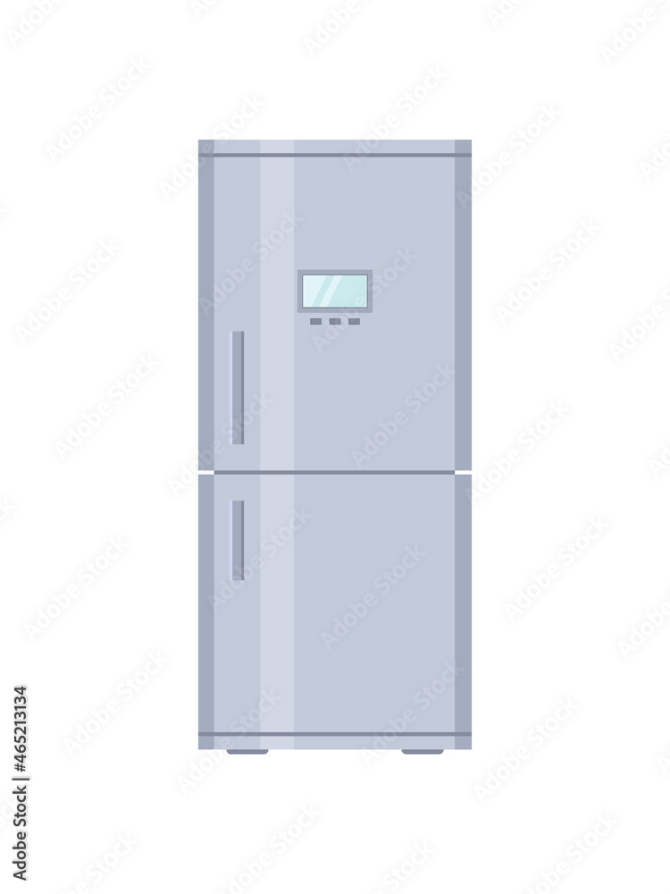 Fridge. Closed refrigerator with freezer. Empty fridge with door and shelf for kitchen. Inside modern machine for storage, cold of products. Cartoon illustration in flat style. Isolated icon. Vector Fridge. Closed refrigerator with freezer. Empty fridge with door and shelf for kitchen. Inside modern machine for storage, cold of products. Cartoon illustration in flat style. Isolated icon. Vector
