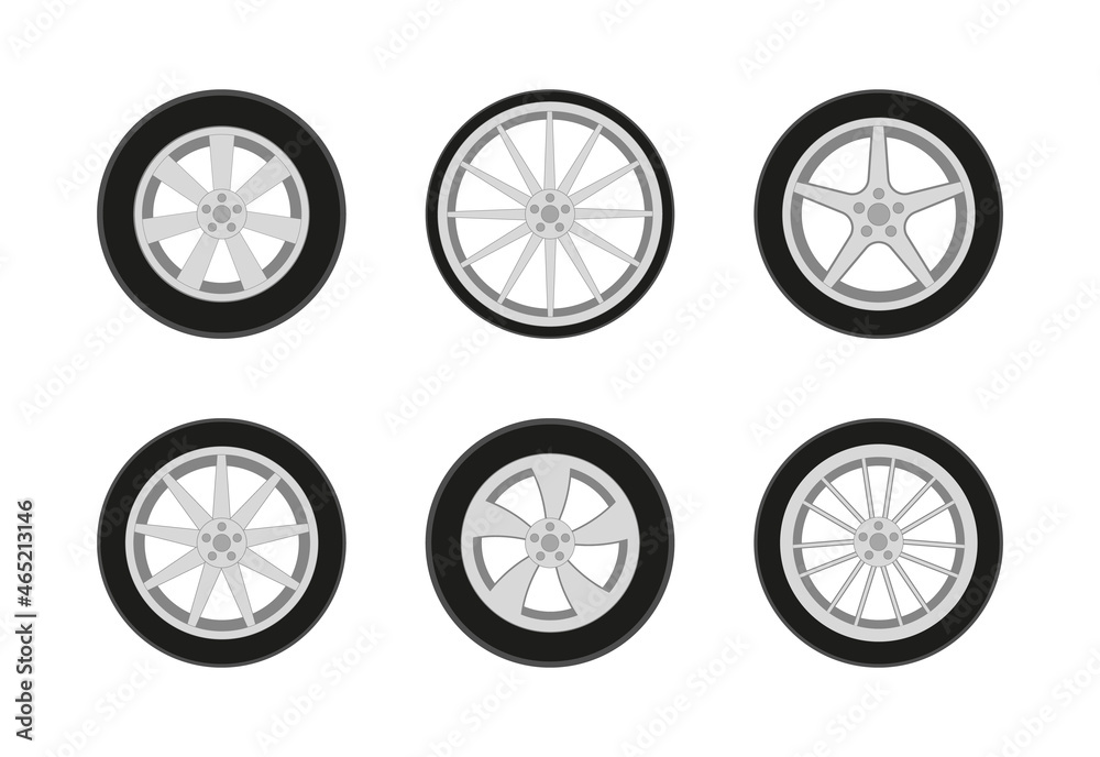 Car wheel. Car tire with rim. Icon of sport auto tyre. Set of rim from alloy for truck and race automobile. Design of wheel with steel and rubber. Pictogram for logo. Different vehicle tires. Vector Car wheel. Car tire with rim. Icon of sport auto tyre. Set of rim from alloy for truck and race automobile. Design of wheel with steel and rubber. Pictogram for logo. Different vehicle tires. Vector