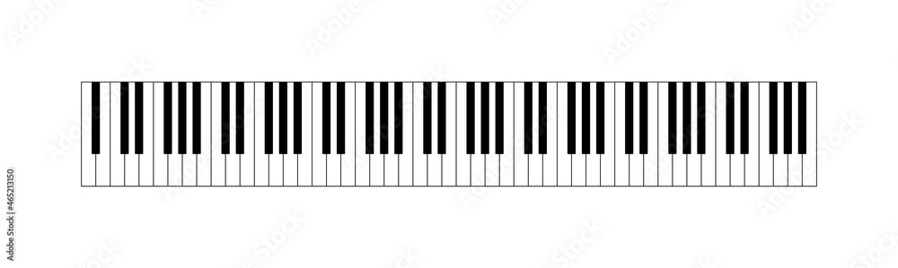 Piano keyboard. Grand keyboard for music. Keys of synthesizer. Key of piano  top view. Icon of black and white keys of instrument. Pictogram for jazz,  orchestra, pianoforte, school. Vector. Stock Vector