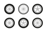 Car wheel. Car tire with rim. Icon of sport auto tyre. Set of rim from alloy for truck and race automobile. Design of wheel with steel and rubber. Pictogram for logo. Different vehicle tires. Vector