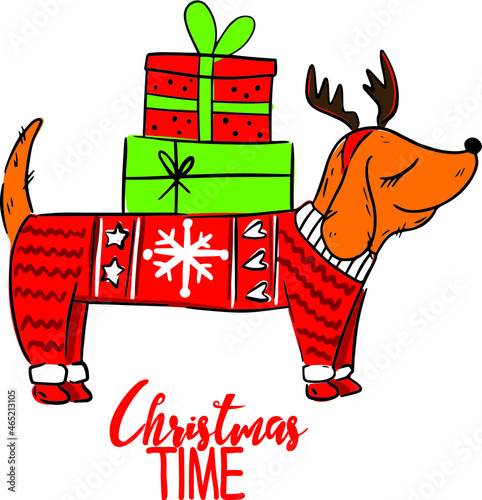 Tupography Christmas dachshunds print. Bright dog in new year style. For textiles, baby clothes and prints
 photo