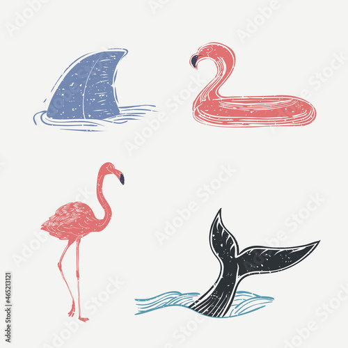 Marine life and flamingo vector printmaking design elements set