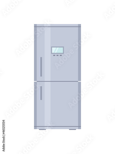 Fridge. Closed refrigerator with freezer. Empty fridge with door and shelf for kitchen. Inside modern machine for storage, cold of products. Cartoon illustration in flat style. Isolated icon. Vector