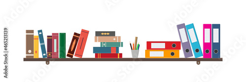 Book on shelf. Bookshelf with binder, folder and book. Library in office, school and bookstore. Shelves with binders and books on wall. Home cabinet for study. Icon for science, university. Vector