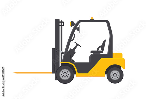 Forklift. Fork lift truck icon. Loader for warehouse and pallet. Machine for distribution and delivery. Yellow forklift isolated on white background. Equipment for load of crate. Flat loader. Vector