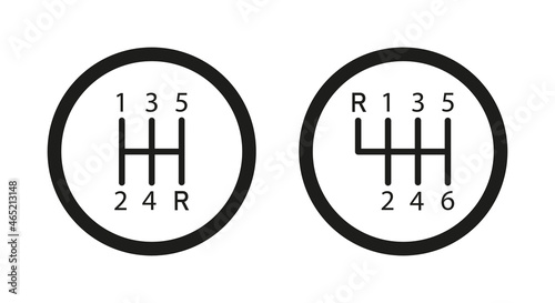 Gear shifter. Icon of car transmission. Manual box of shifter. Symbol of gearbox for stick of auto. Icon of 5 or 6 on lever for speed. Pictogram logo isolated on white background for vehicle. Vector