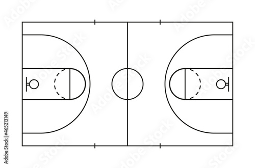 Basketball court. Line of marking of basketball field. Plan with basket, center, frame and game area. Outline square pitch for sport. Icon for arena, gymnasium, strategy. Black lines of court. Vector