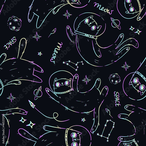 Kids cute seamless pattern with cat in space. Space background. print for T-shirts, textiles, wrapping paper, web. 