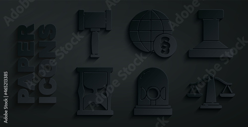 Set Flasher siren, Stamp, Old hourglass, Scales of justice, International law and Judge gavel icon. Vector