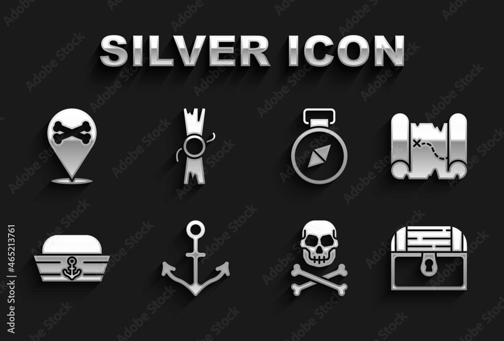 Set Anchor, Pirate treasure map, Antique chest, Skull on crossbones, Sailor hat, Compass, Location pirate and Decree, parchment, scroll icon. Vector Set Anchor, Pirate treasure map, Antique chest, Skull on crossbones, Sailor hat, Compass, Location pirate and Decree, parchment, scroll icon. Vector