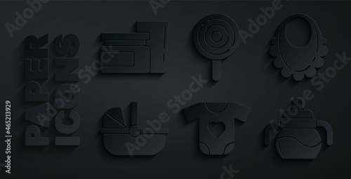 Set Baby clothes, bib, stroller, bottle, Lollipop and food icon. Vector