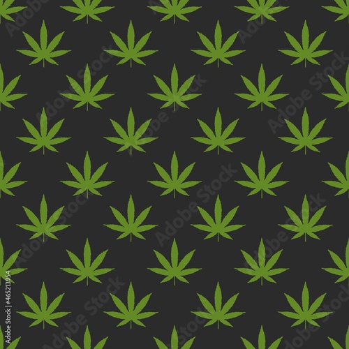 Cannabis vector seamless pattern from green leaves on a black background. Fashionable design.