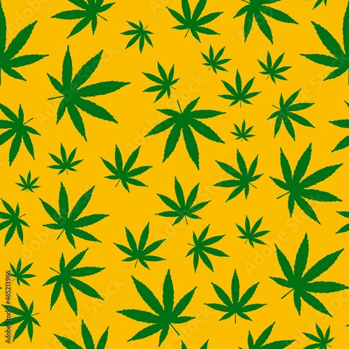 cannabis leaves on a yellow background, seamless pattern, branch abstraction.