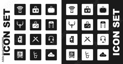 Set Suitcase, Aircraft steering helm, Router and wi-fi signal, Metal detector airport, Headphones with microphone and Passport ticket icon. Vector
