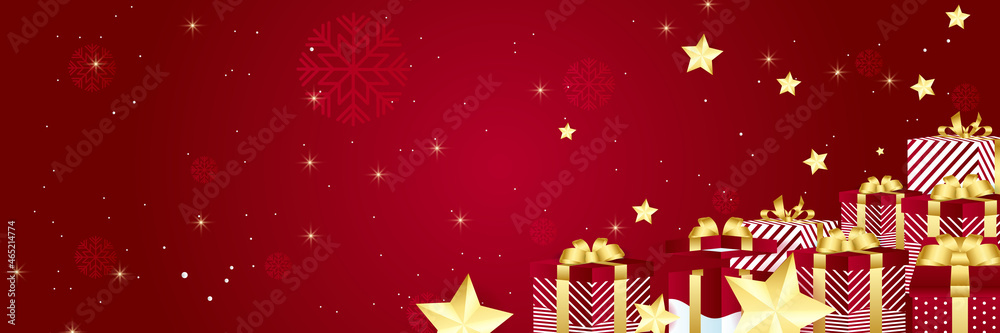 Christmas winter wide banner background with stage podium. Christmas banner, Xmas sparkling lights with gifts box and golden star. Horizontal christmas posters, greeting cards, headers, website.
