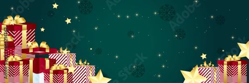 Christmas winter wide banner background with stage podium. Christmas banner, Xmas sparkling lights with gifts box and golden star. Horizontal christmas posters, greeting cards, headers, website.